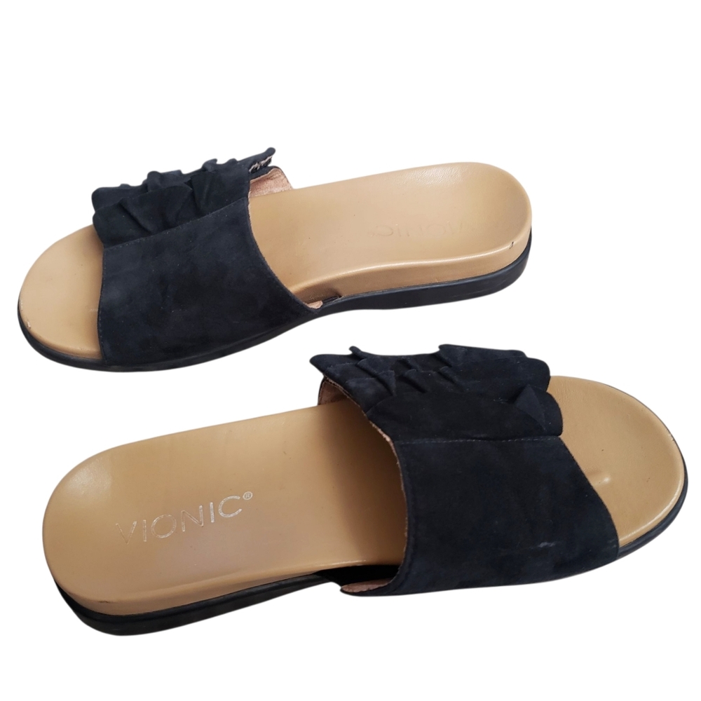 Vionic Slides Black Womens Roni Size 6 Suede Ruffle Shoes Detail Slip-On Sandals - Picture 7 of 15